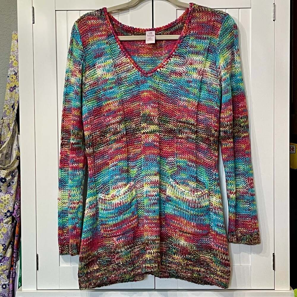 Bobbie Brooks V-Neck Rainbow Multi-Color Marled Knit Tunic Sweater with Pockets